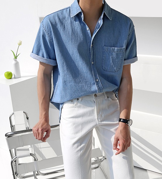 Clue cool denim linen half sleeves shirt (2color)